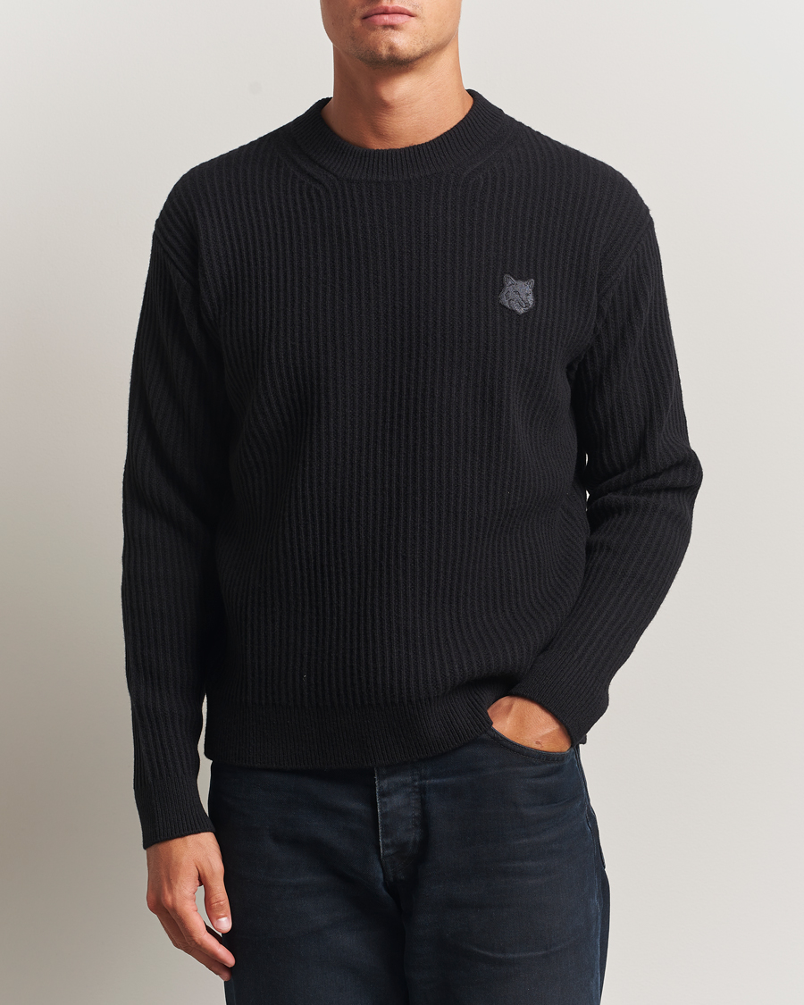 Herr | Tröjor | Maison Kitsuné | Tonal Fox Head Wool Ribbed Sweater Black