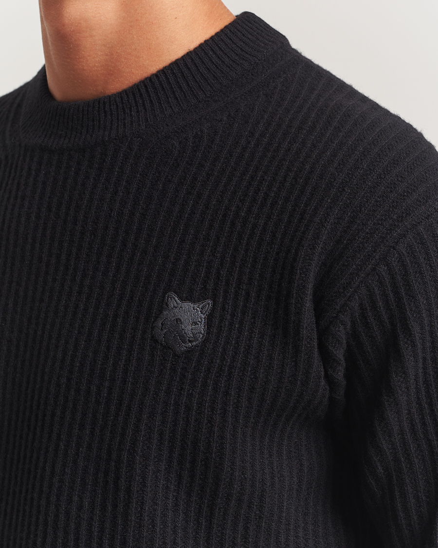 Herr | Tröjor | Maison Kitsuné | Tonal Fox Head Wool Ribbed Sweater Black