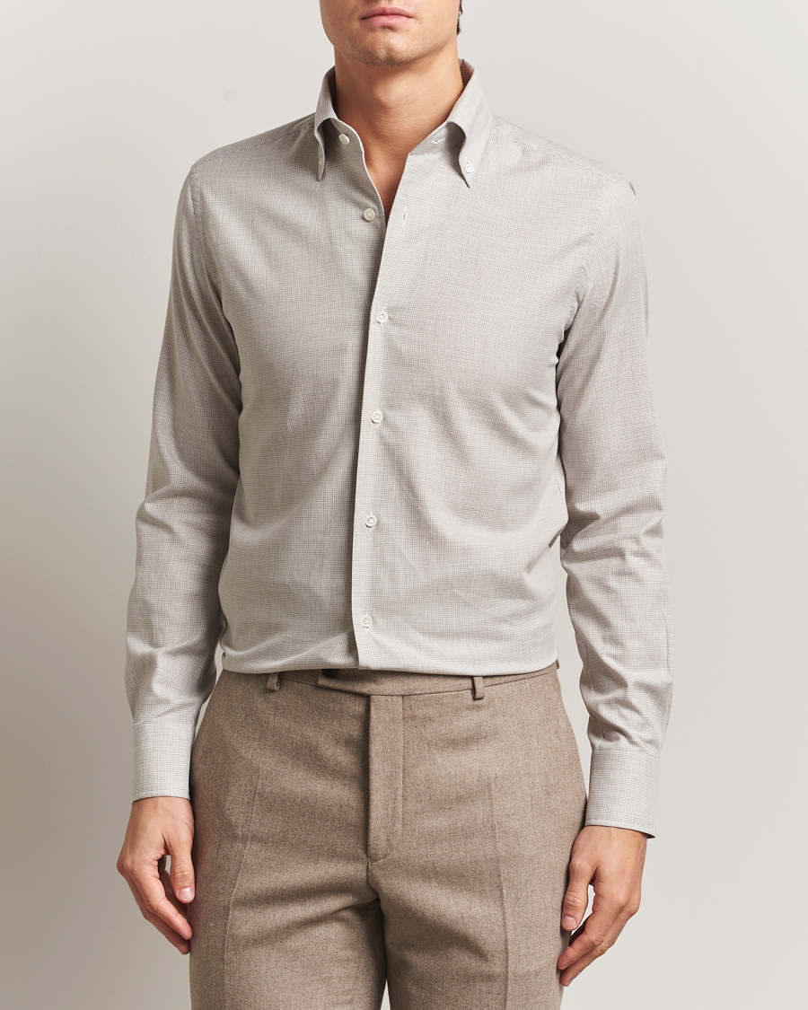 Herr | Skjortor | 100Hands | Micro Houndstooth Flannel Button Down Beige