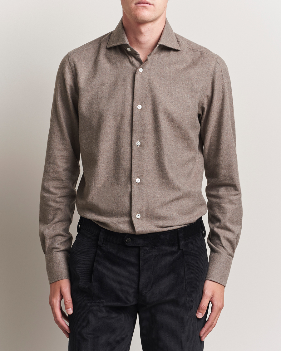 Herr | Skjortor | 100Hands | Herringbone Flannel Cut Away Shirt Caramel