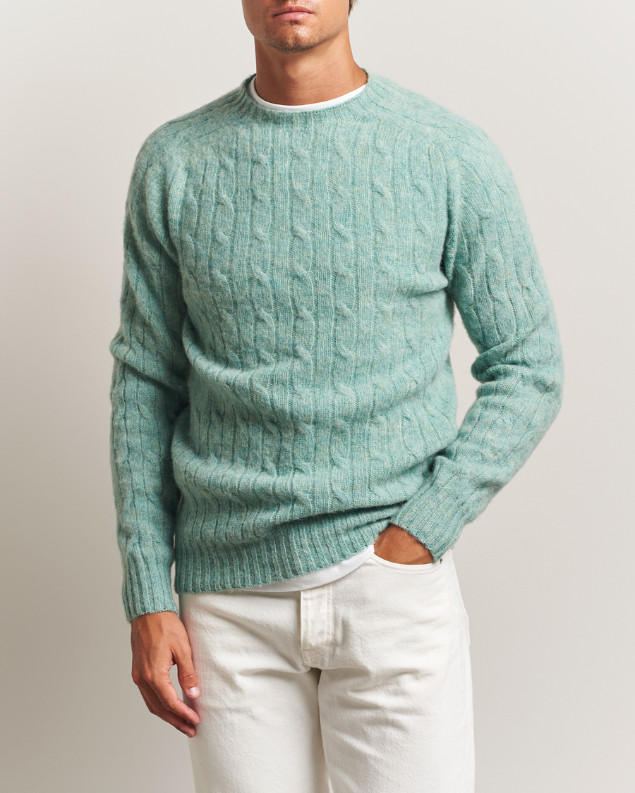 Herr | Tröjor | Harley Of Scotland | Brushed Supersoft Lambswool Cable Opal