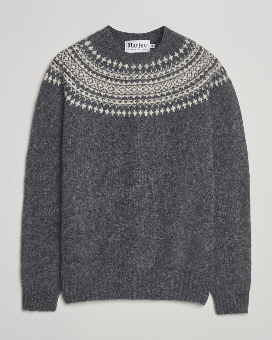 Herr | Tröjor | Harley Of Scotland | Brushed Supersoft Lambswool Yolk Fairisle Grey