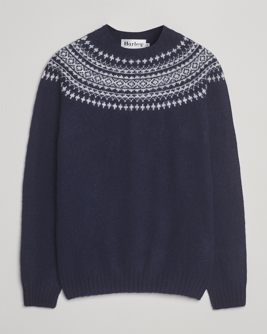Herr | Tröjor | Harley Of Scotland | Brushed Supersoft Lambswool Yolk Fairisle Navy