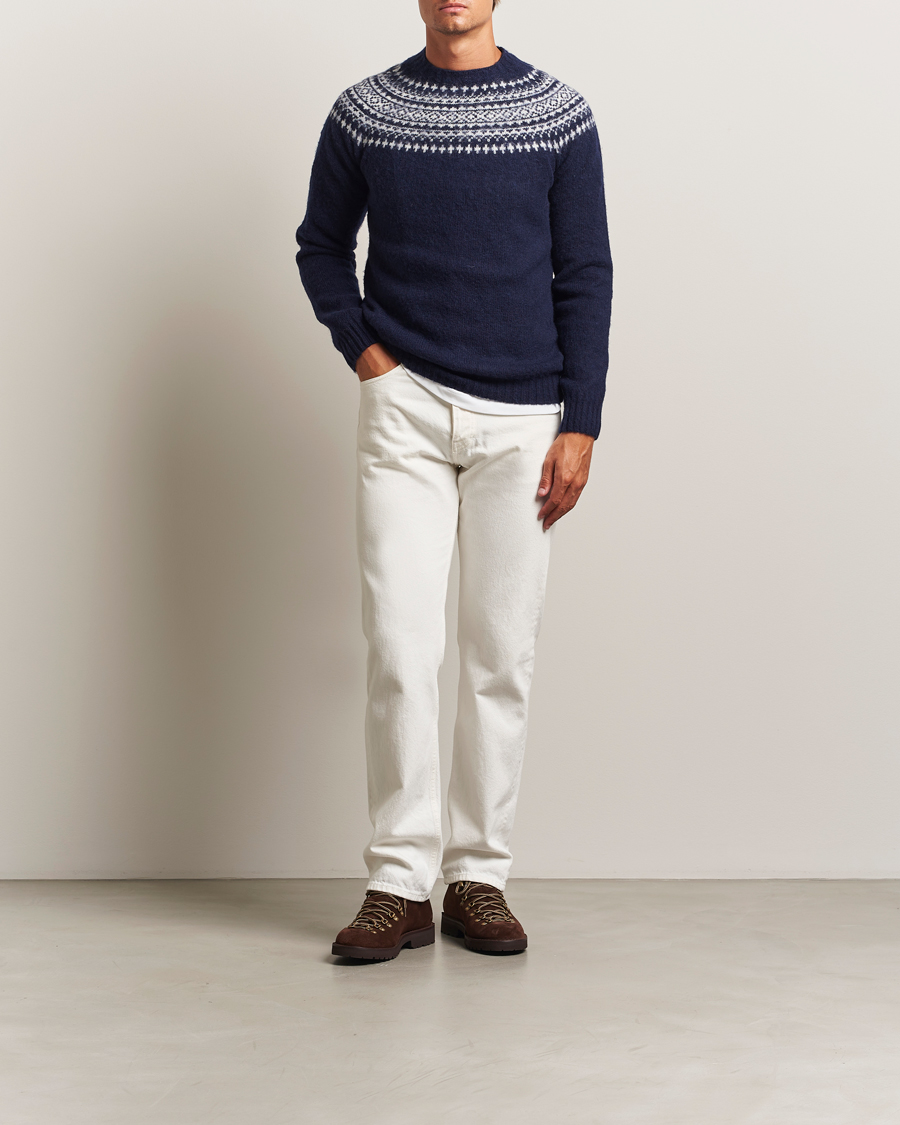 Herr | Tröjor | Harley Of Scotland | Brushed Supersoft Lambswool Yolk Fairisle Navy