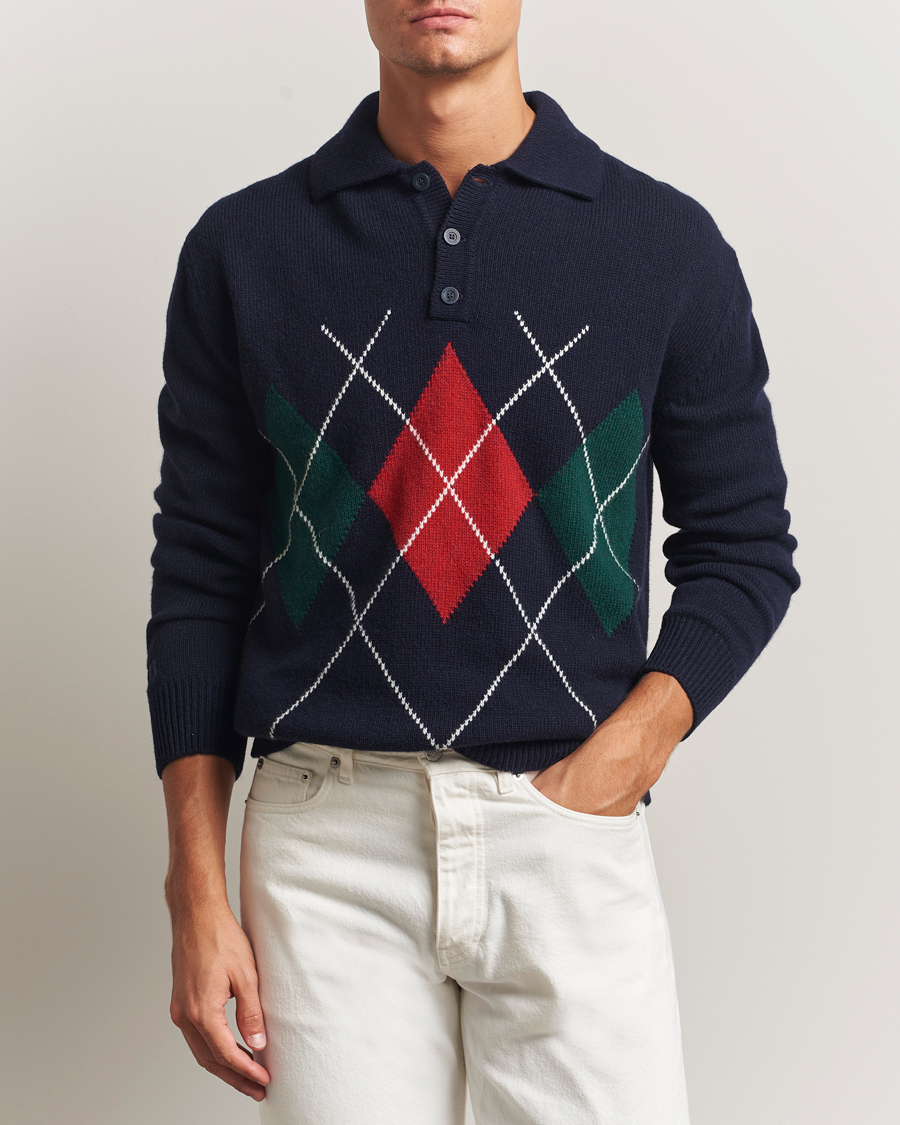 Herr | Tröjor | Baracuta | Argyle Wool Polo Neck Navy