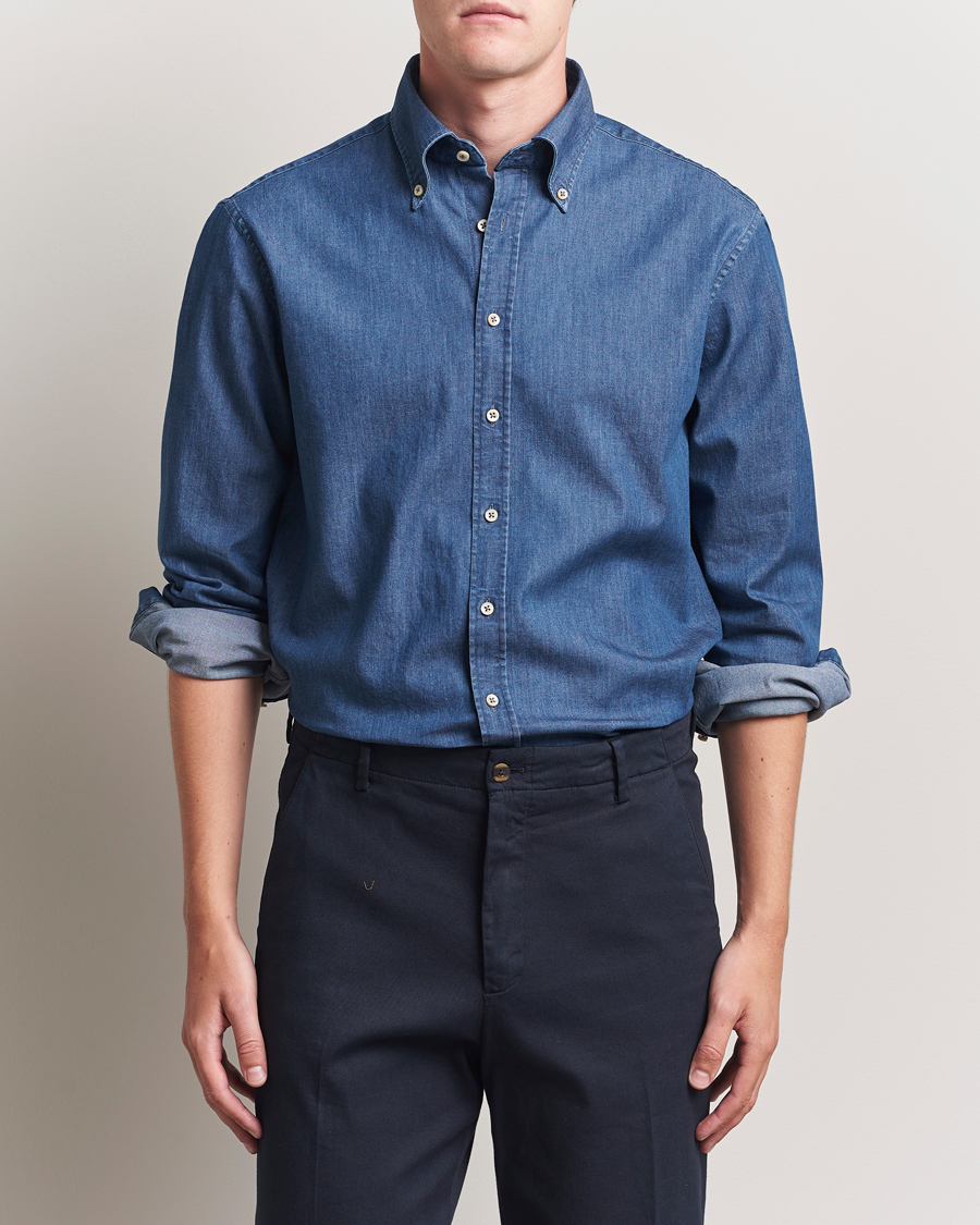 Herr | Skjortor | Stenströms | Regular Fit Button Down Garment Washed Shirt Denim