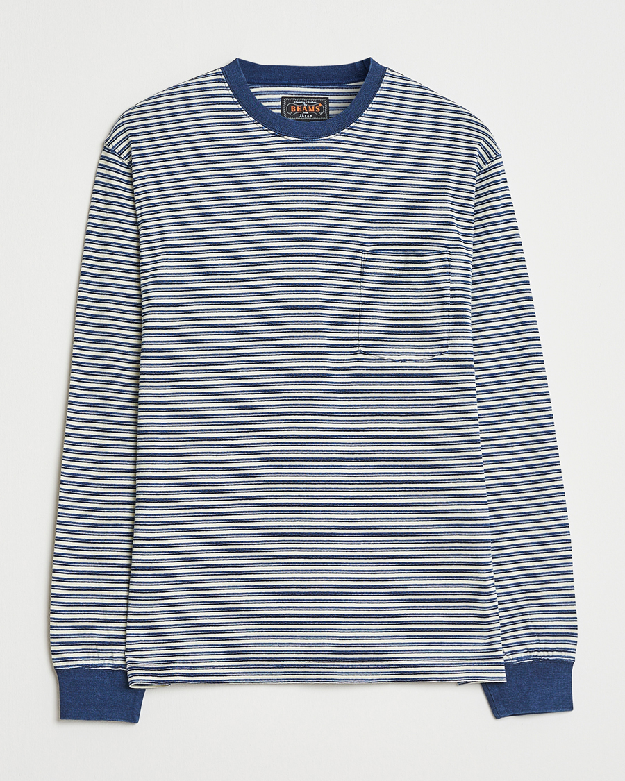 Herr | T-Shirts | BEAMS PLUS | Indigo Stripe Long Sleeve T-Shirt White/Navy