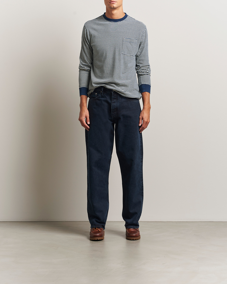 Herr | T-Shirts | BEAMS PLUS | Indigo Stripe Long Sleeve T-Shirt White/Navy