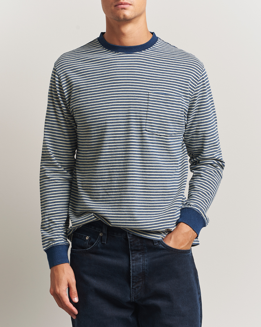 Herr | T-Shirts | BEAMS PLUS | Indigo Stripe Long Sleeve T-Shirt White/Navy