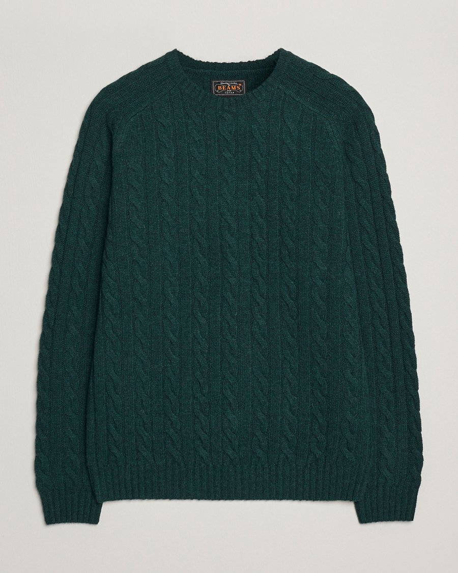 Herr | Tröjor | BEAMS PLUS | Cable Crew Neck Sweater Bottle Green