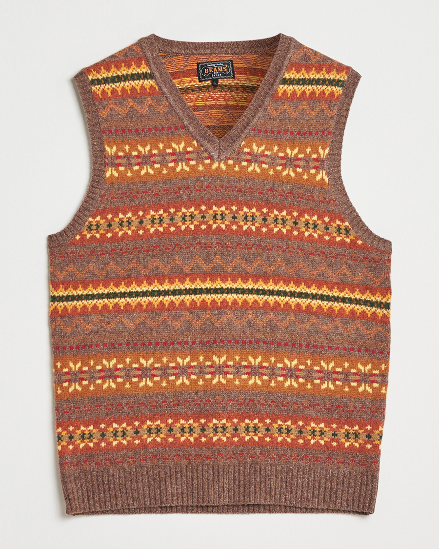 Herr | Tröjor | BEAMS PLUS | Fairisle Knit Vest Light Brown