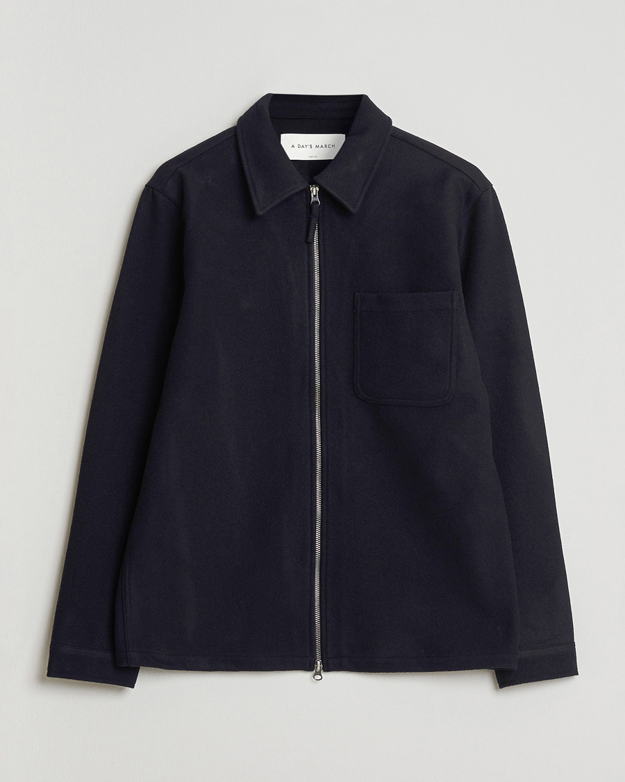 Herr | Skjortor | A Day's March | Fraser Wool Zip Overshirt Navy