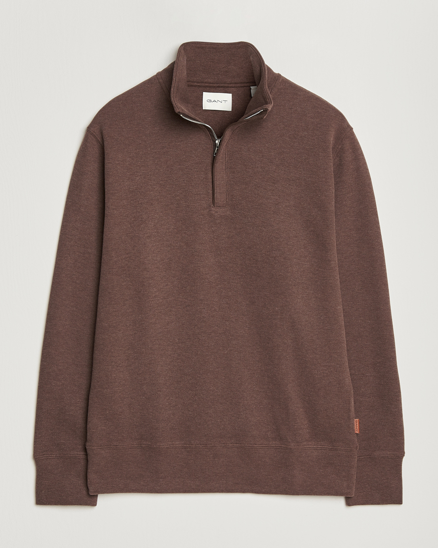 Herr | Tröjor | GANT | Light Sacker Rib Half Zip Dark Brown Melange