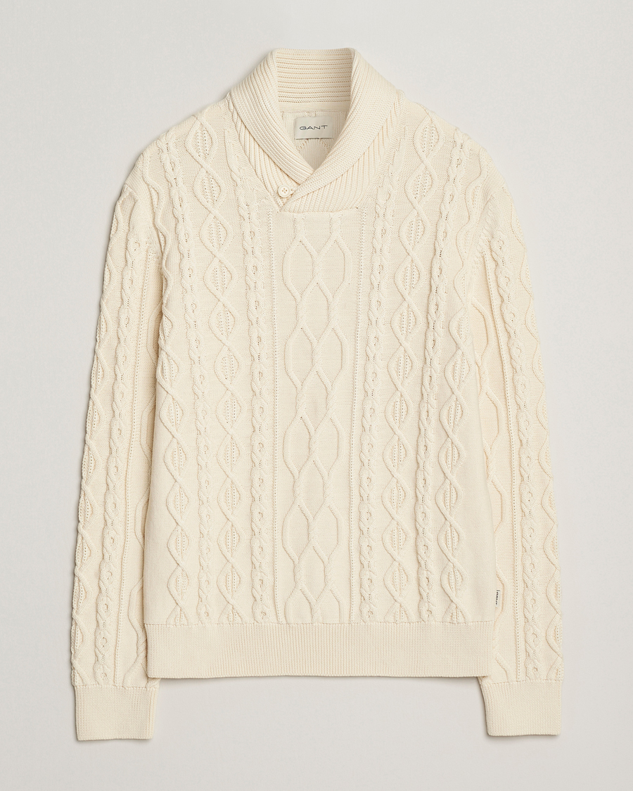 Herr | Tröjor | GANT | Cable Shawl Collar Knitted Sweater Cream