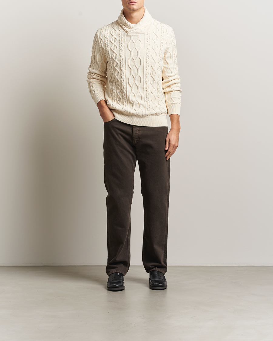 Herr | Tröjor | GANT | Cable Shawl Collar Knitted Sweater Cream