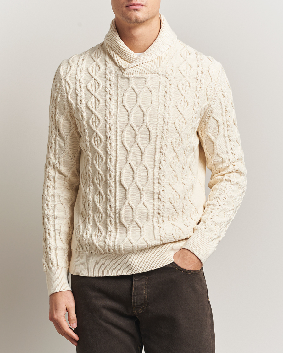 Herr | Tröjor | GANT | Cable Shawl Collar Knitted Sweater Cream