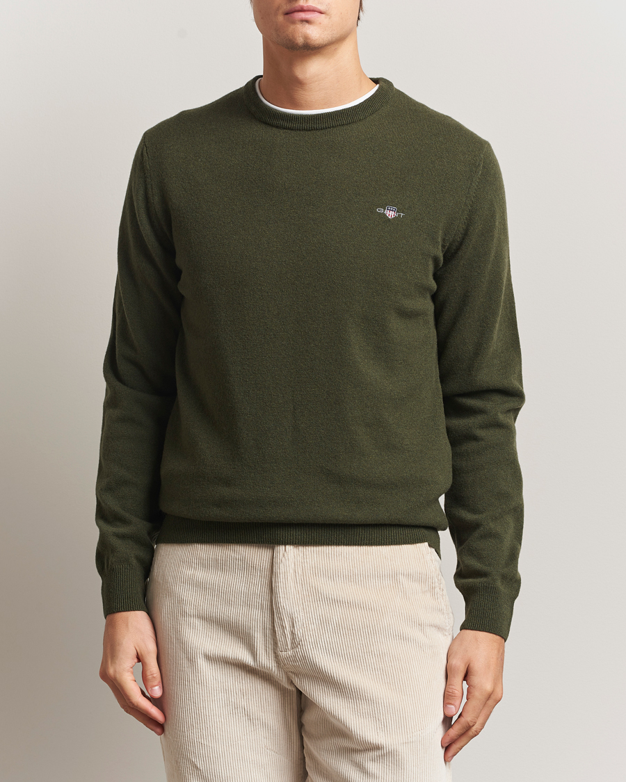 Herr | Tröjor | GANT | Superfine Lambswool Crew Neck Khaki Green Melange
