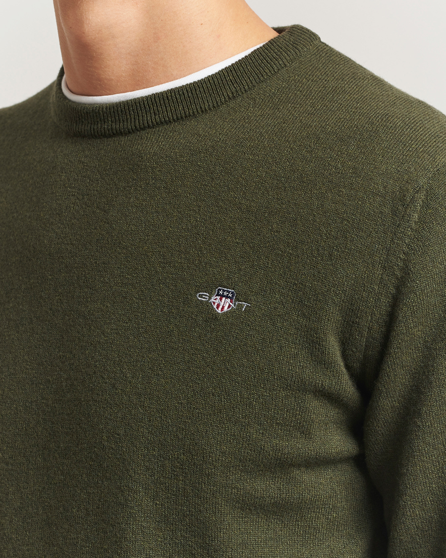 Herr | Tröjor | GANT | Superfine Lambswool Crew Neck Khaki Green Melange