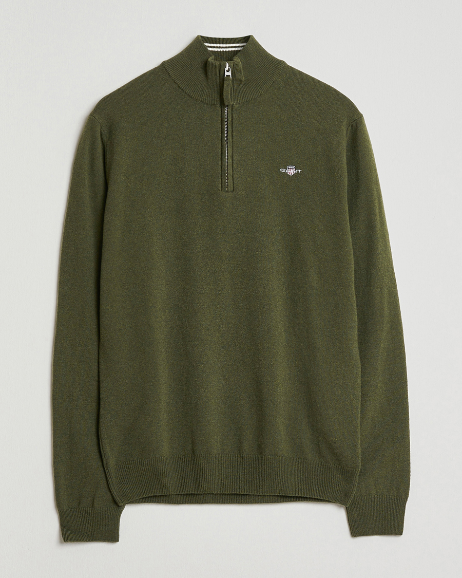 Herr | Tröjor | Gant | Superfine Lambswool Half Zip Khaki Green Melange