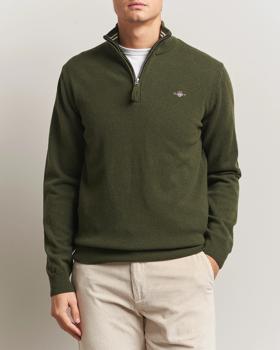 Herr | Tröjor | GANT | Superfine Lambswool Half Zip Khaki Green Melange