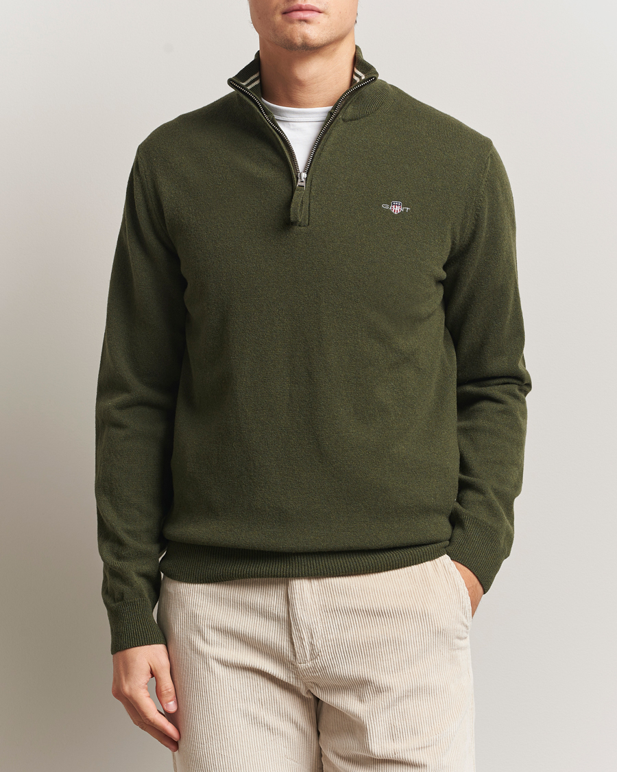Herr | Tröjor | Gant | Superfine Lambswool Half Zip Khaki Green Melange