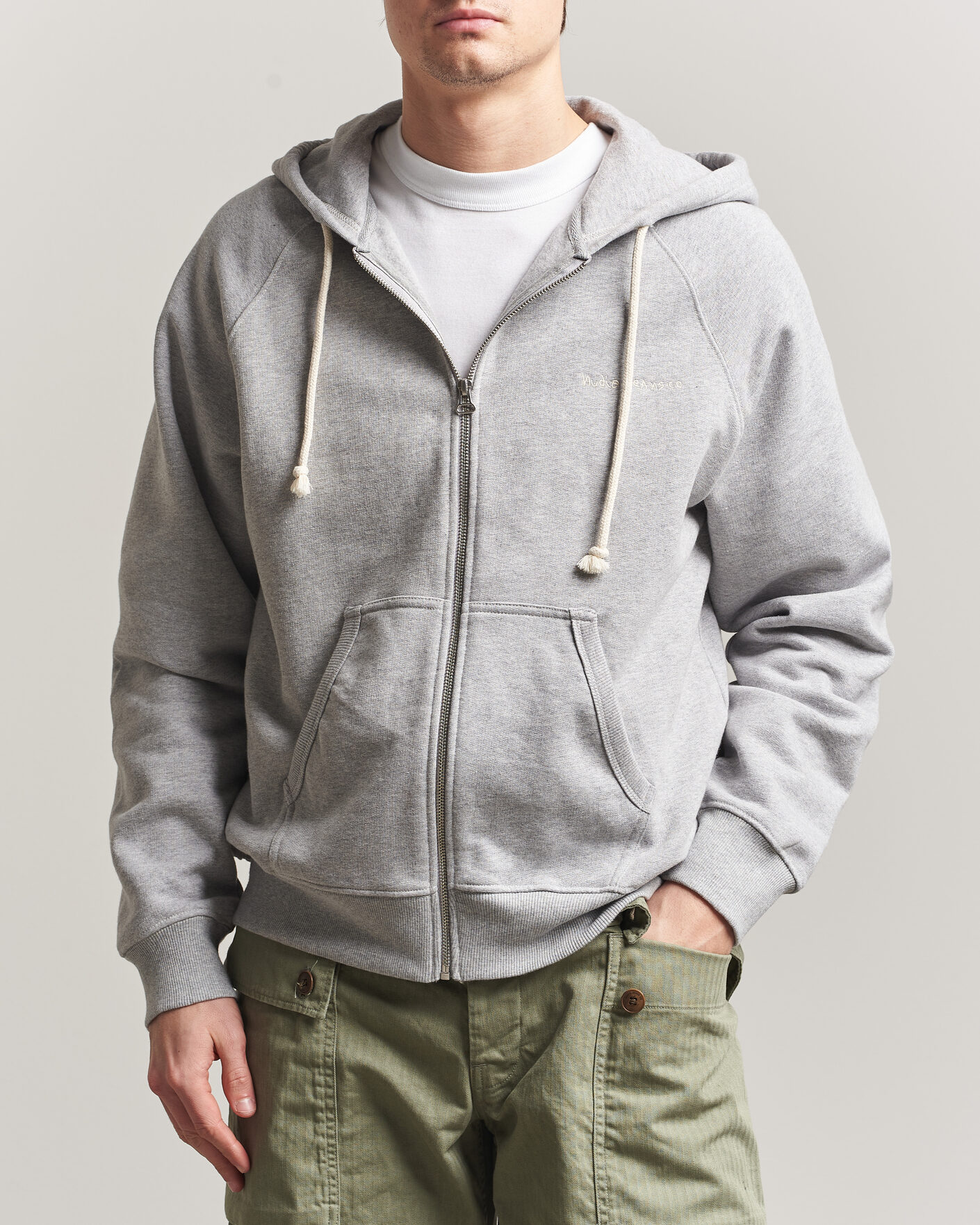 Herr | Tröjor | Nudie Jeans | Gunde Logo Full Zip Hoodie Grey Melange