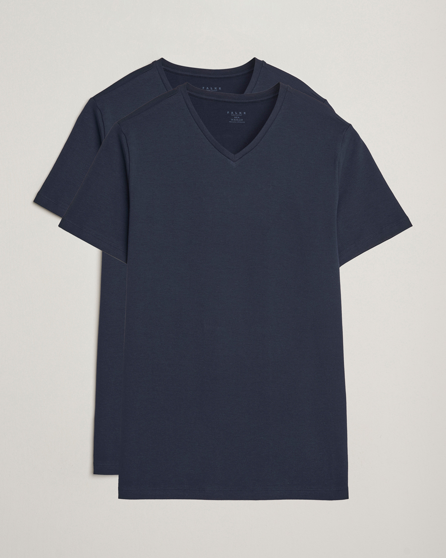 Herr | T-Shirts | Falke | 2-Pack Cotton V-Neck T-Shirt Midnight