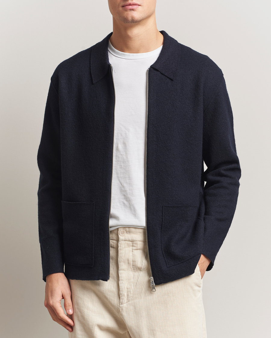 Herr | Tröjor | NN07 | Jonas Boiled Wool Full Zip Navy Blue
