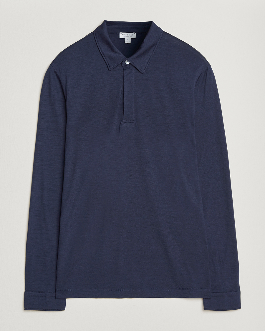 Herr | Pikéer | Sunspel | Wool Jersey Long Sleeve Polo Navy