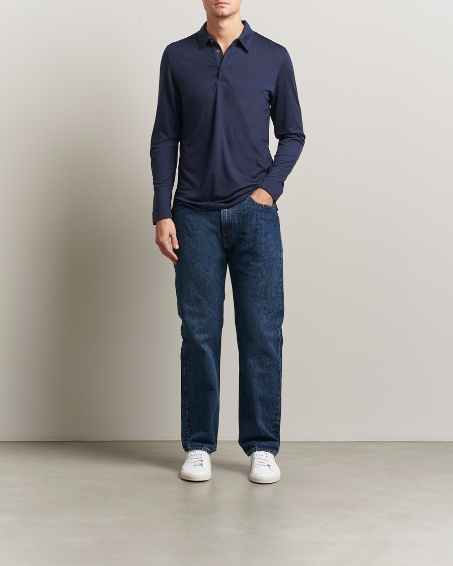 Herr | Pikéer | Sunspel | Wool Jersey Long Sleeve Polo Navy