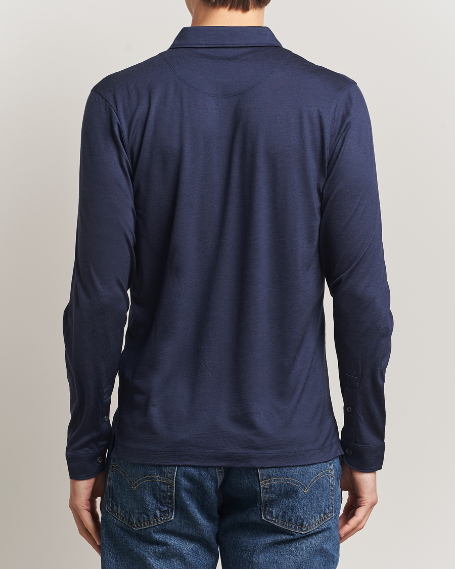 Herr | Pikéer | Sunspel | Wool Jersey Long Sleeve Polo Navy