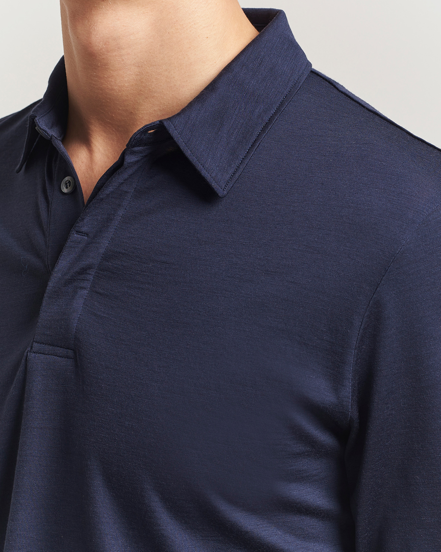 Herr | Pikéer | Sunspel | Wool Jersey Long Sleeve Polo Navy