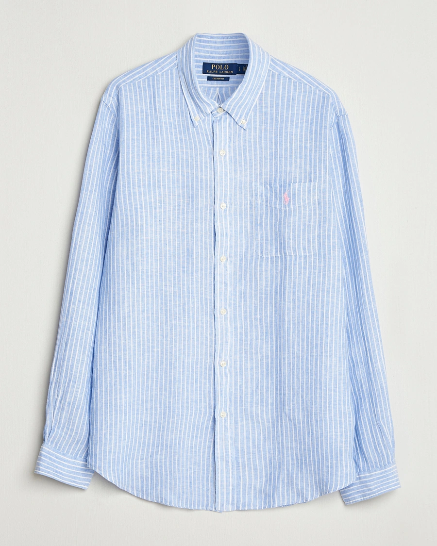 Herr | Skjortor | Polo Ralph Lauren | Custom Fit Linen Striped Shirt Light Blue/White