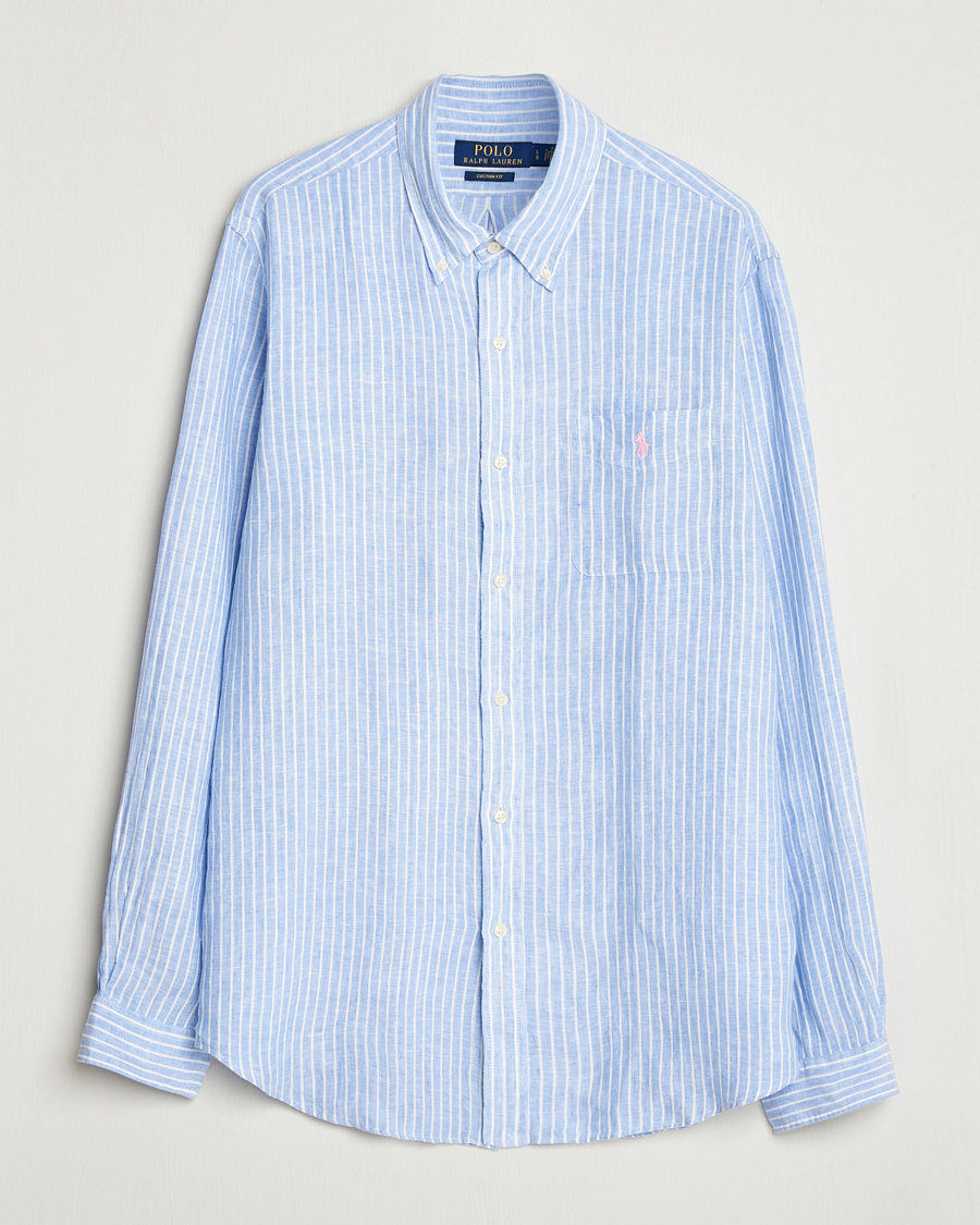 Herr | Skjortor | Polo Ralph Lauren | Custom Fit Linen Striped Shirt Light Blue/White