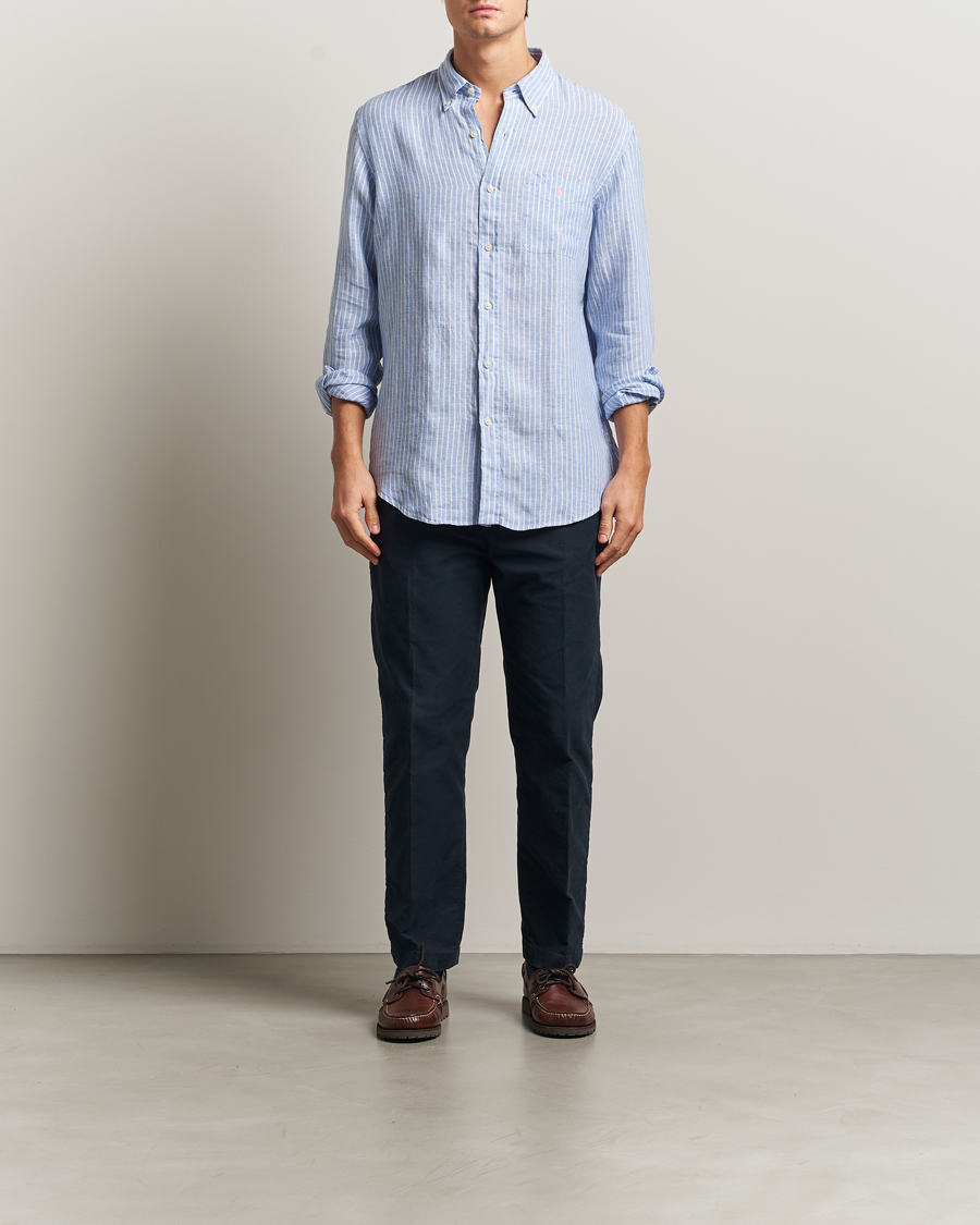 Herr | Skjortor | Polo Ralph Lauren | Custom Fit Linen Striped Shirt Light Blue/White