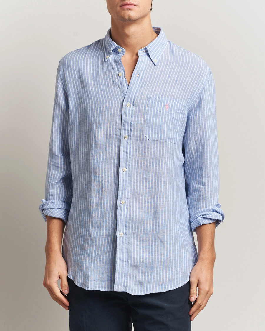 Herr | Skjortor | Polo Ralph Lauren | Custom Fit Linen Striped Shirt Light Blue/White