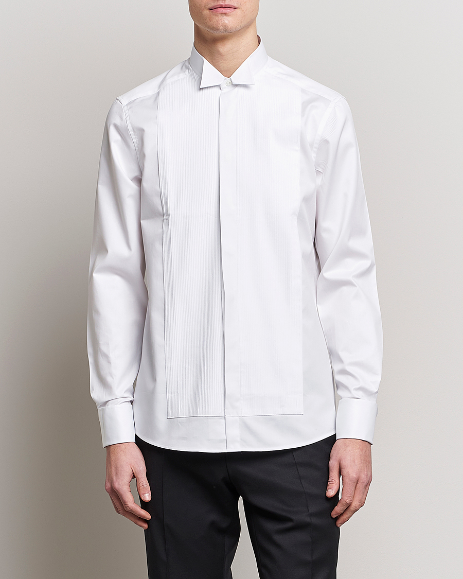 Herr | Skjortor | Stenströms | Slimline Stand Up Collar Plissè Shirt White