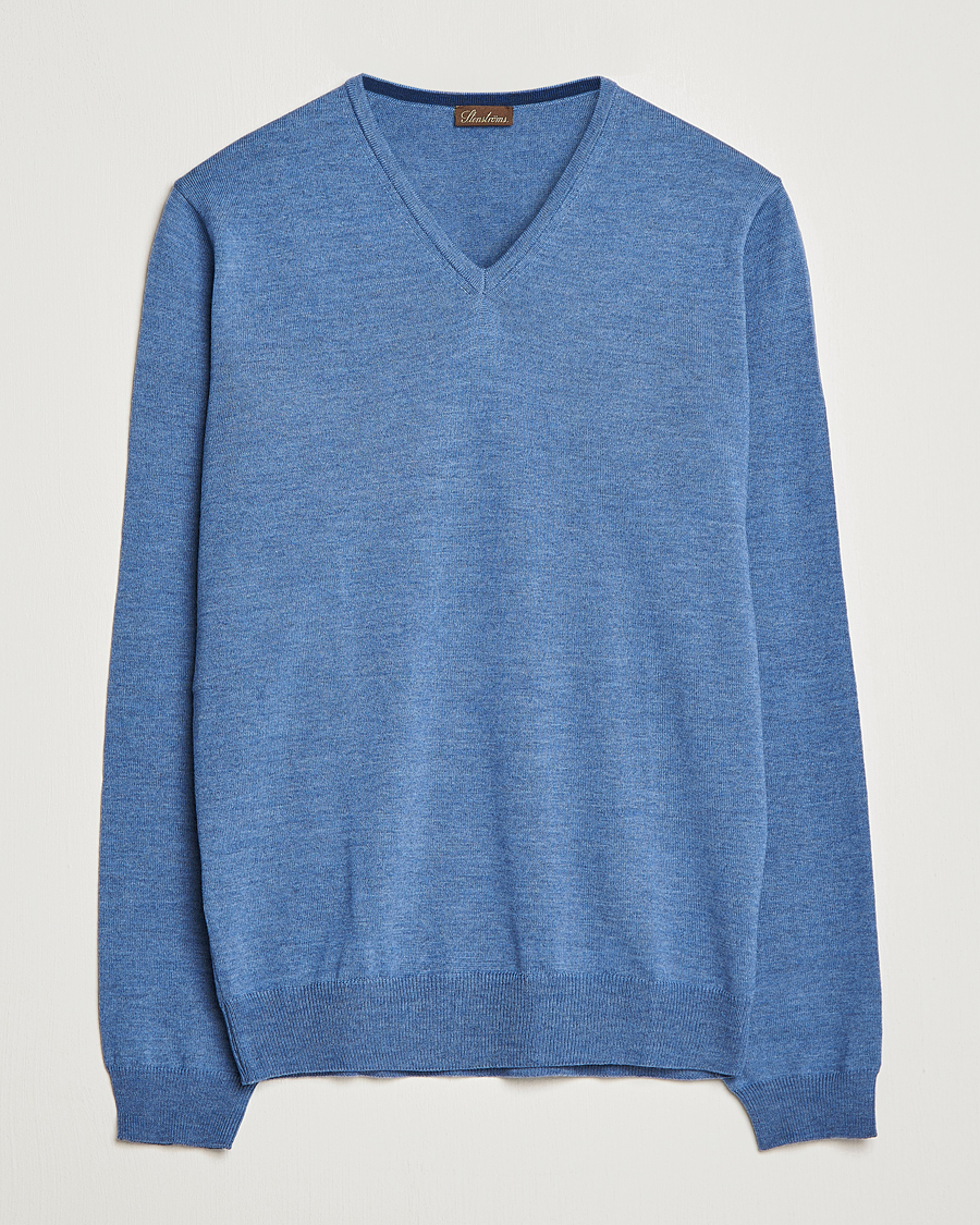 Herr | Tröjor | Stenströms | Merino Patch V-Neck Light Blue/Blue