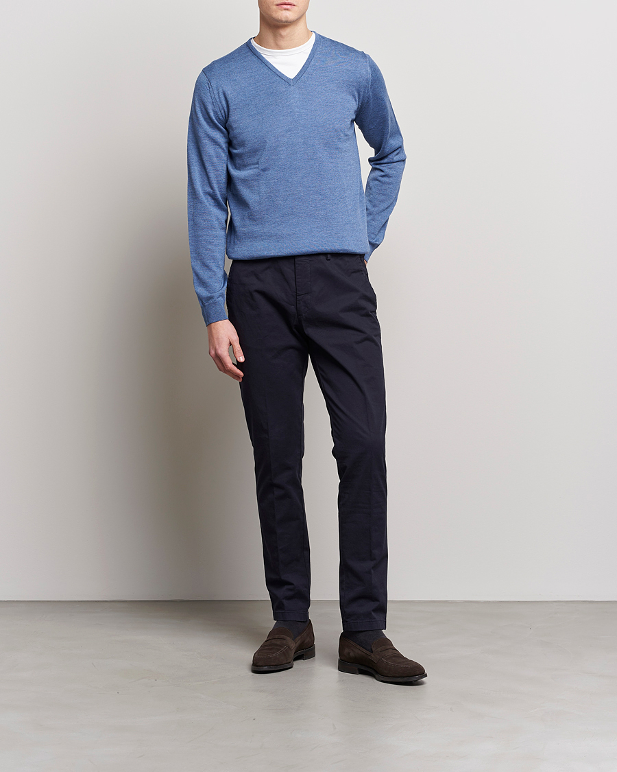 Herr | Tröjor | Stenströms | Merino Patch V-Neck Light Blue/Blue