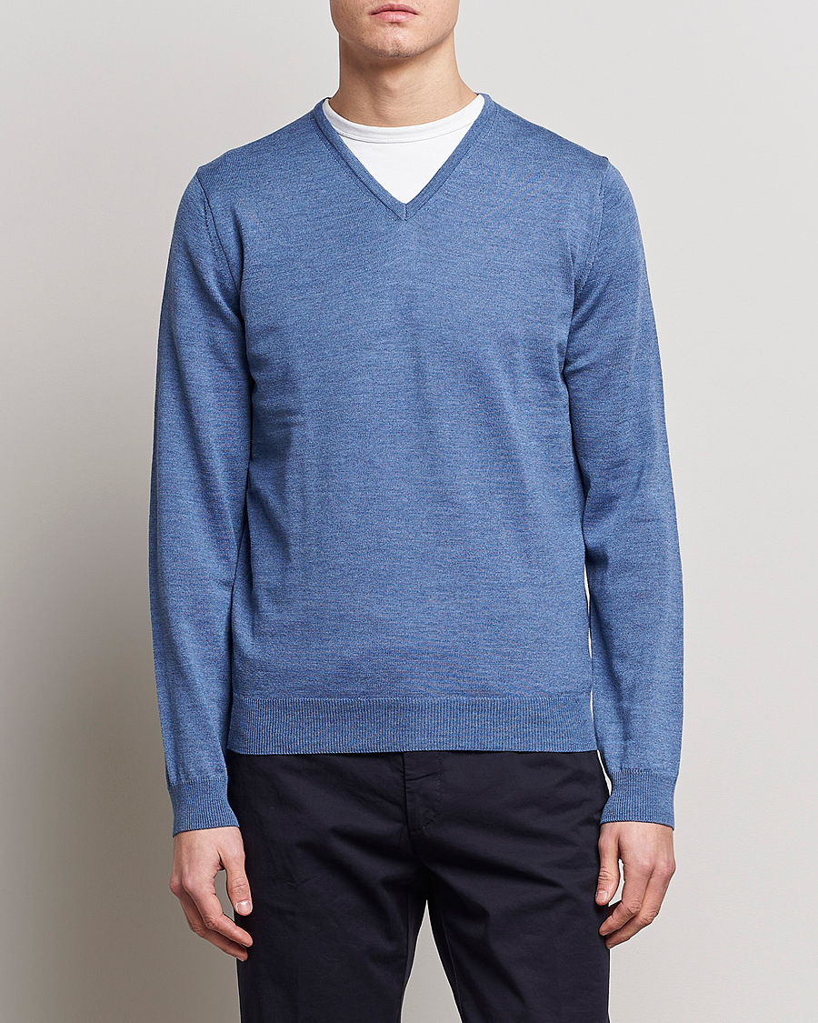 Herr | Tröjor | Stenströms | Merino Patch V-Neck Light Blue/Blue