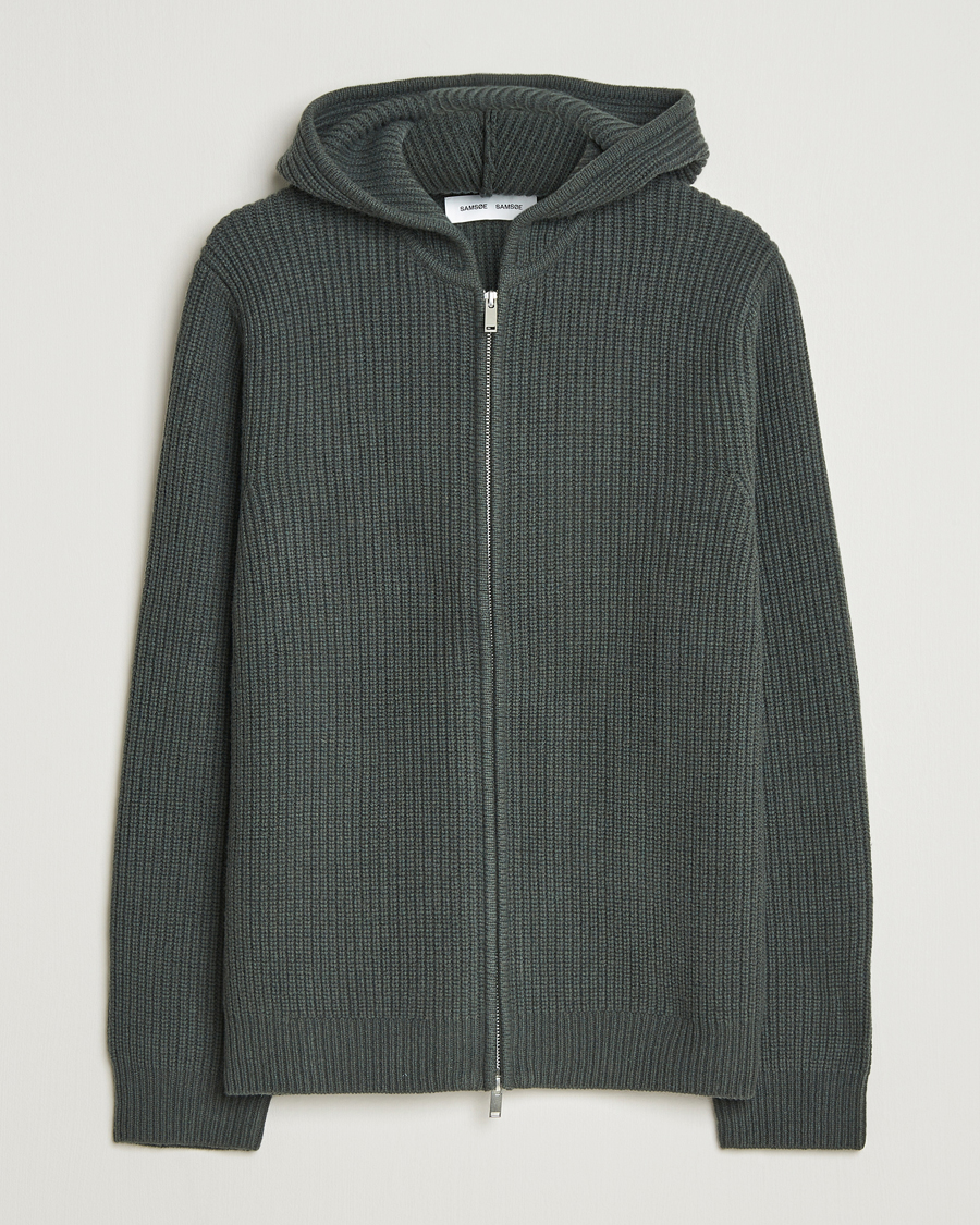 Herr | Tröjor | Samsøe Samsøe | Isak Heavy Knitted Full Zip Hoodie Dark Evergreen