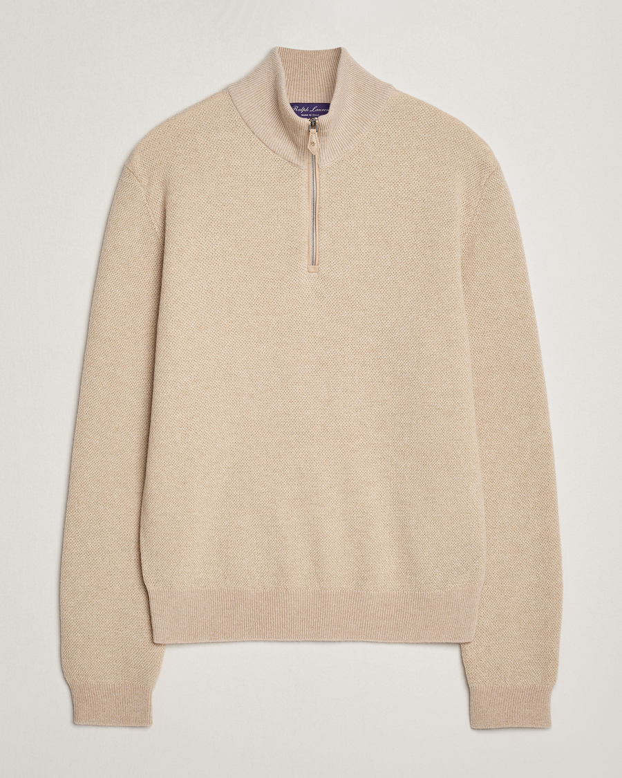 Herr | Tröjor | Ralph Lauren Purple Label | Cashmere Birdseye Half Zip Beige
