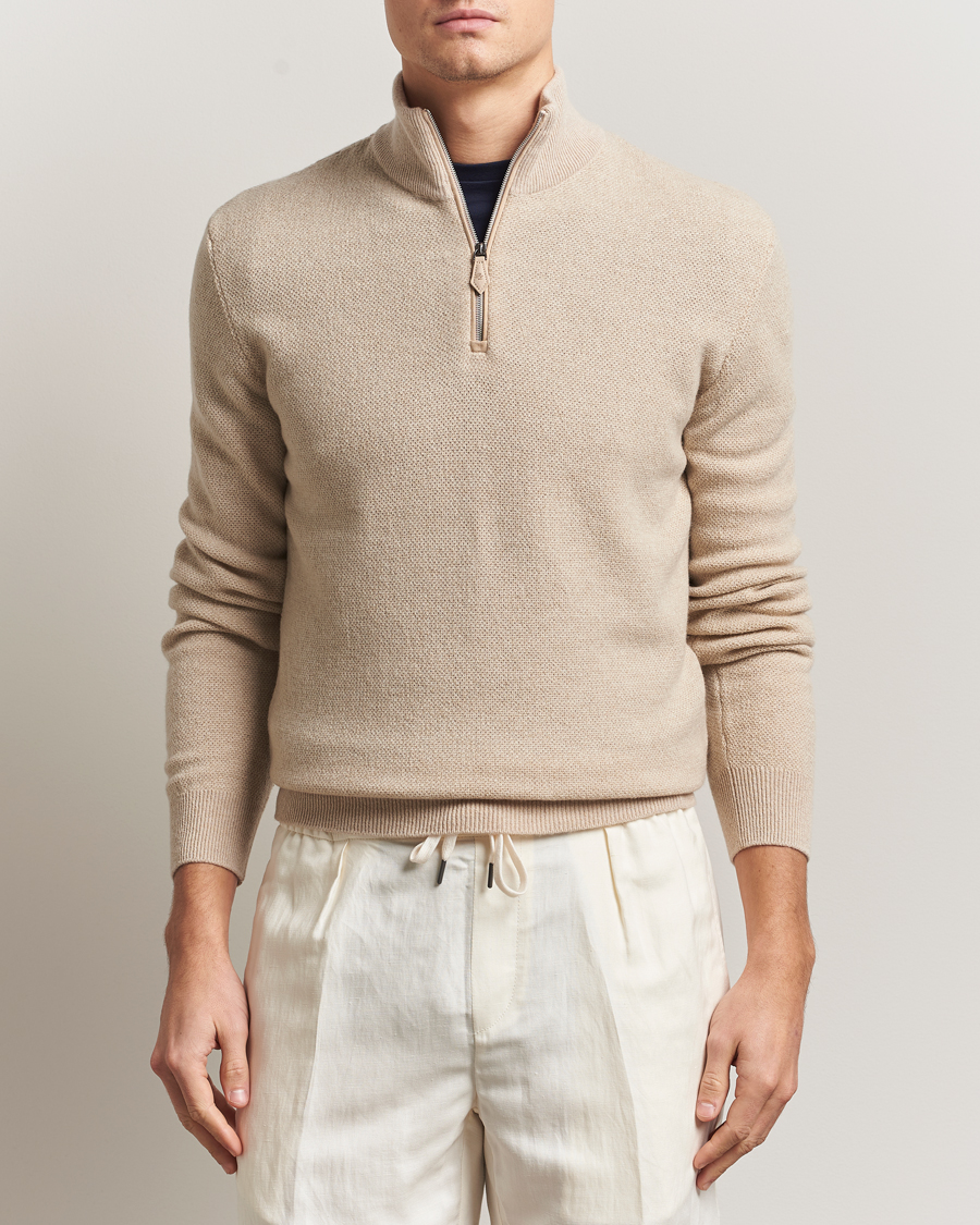 Herr | Tröjor | Ralph Lauren Purple Label | Cashmere Birdseye Half Zip Beige