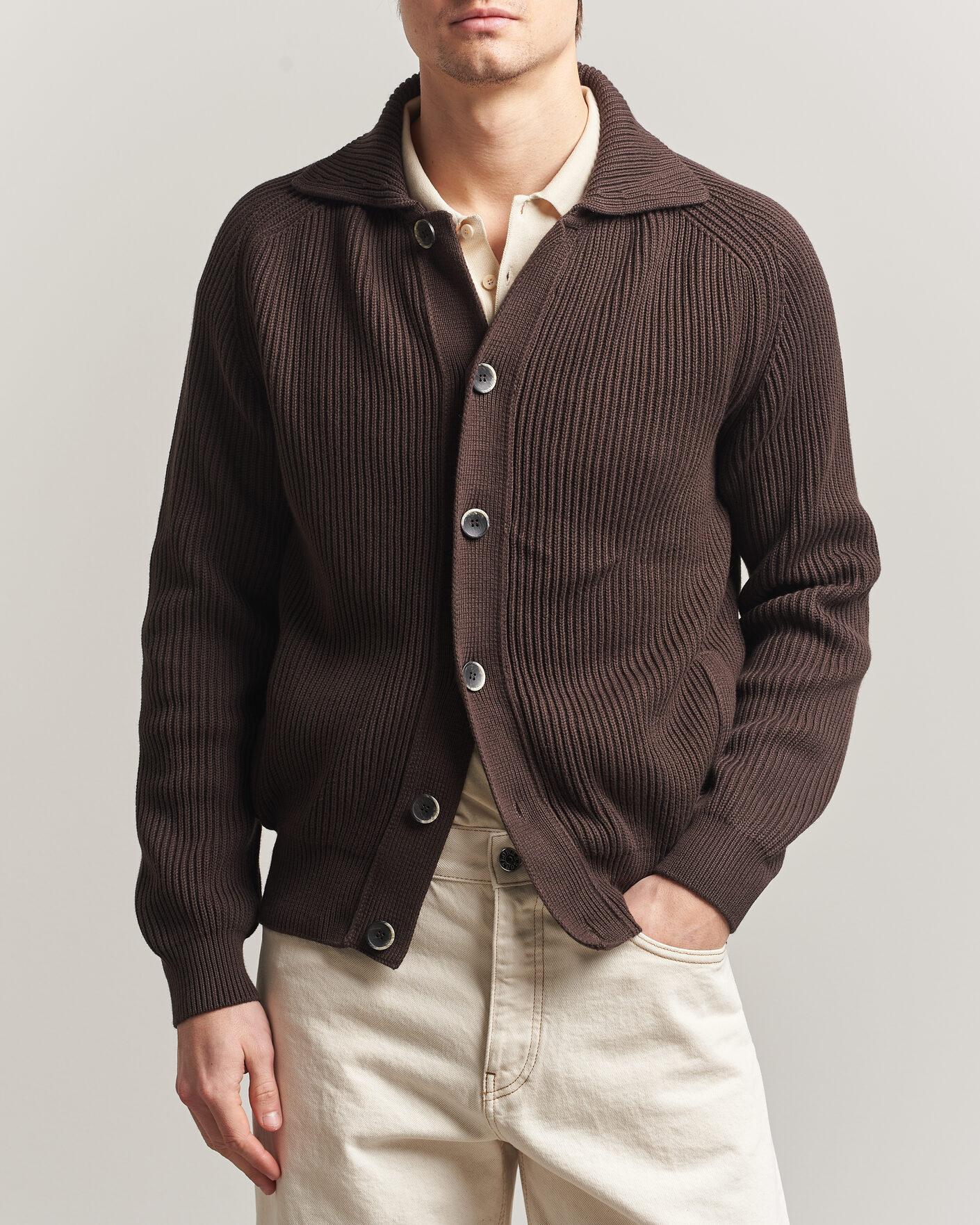 Herr | Tröjor | Altea | Cotton Rib Cardigan Jacket Dark Brown