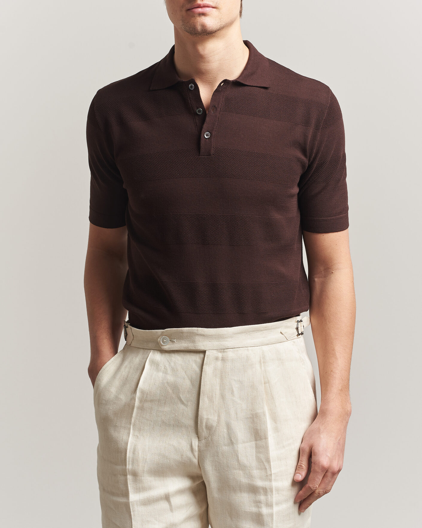 Herr | Pikéer | Altea | Block Stripe Knitted Polo Dark Brown