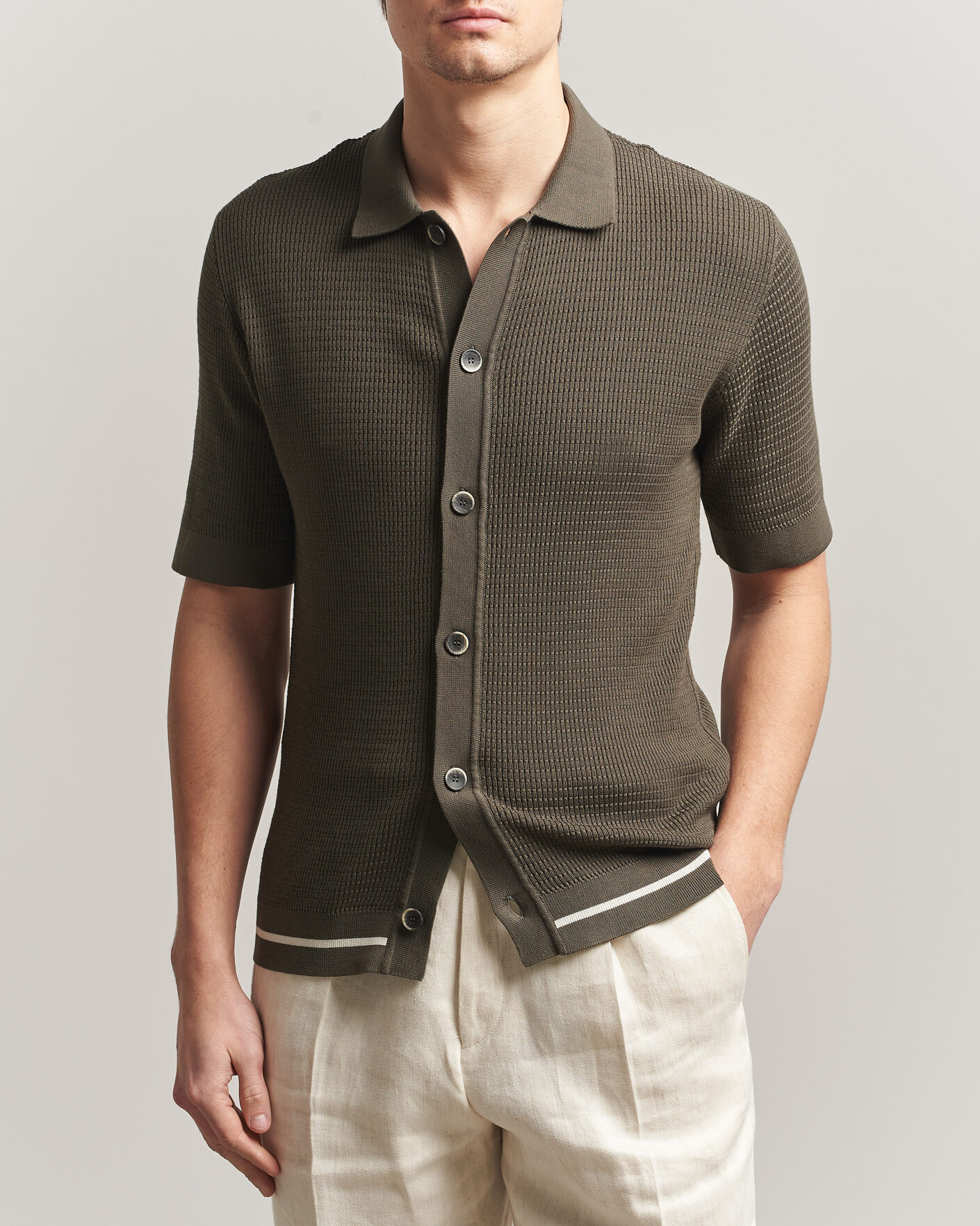 Herr | Skjortor | Altea | Bamboo Stitch Knitted Camp Shirt Dark Green