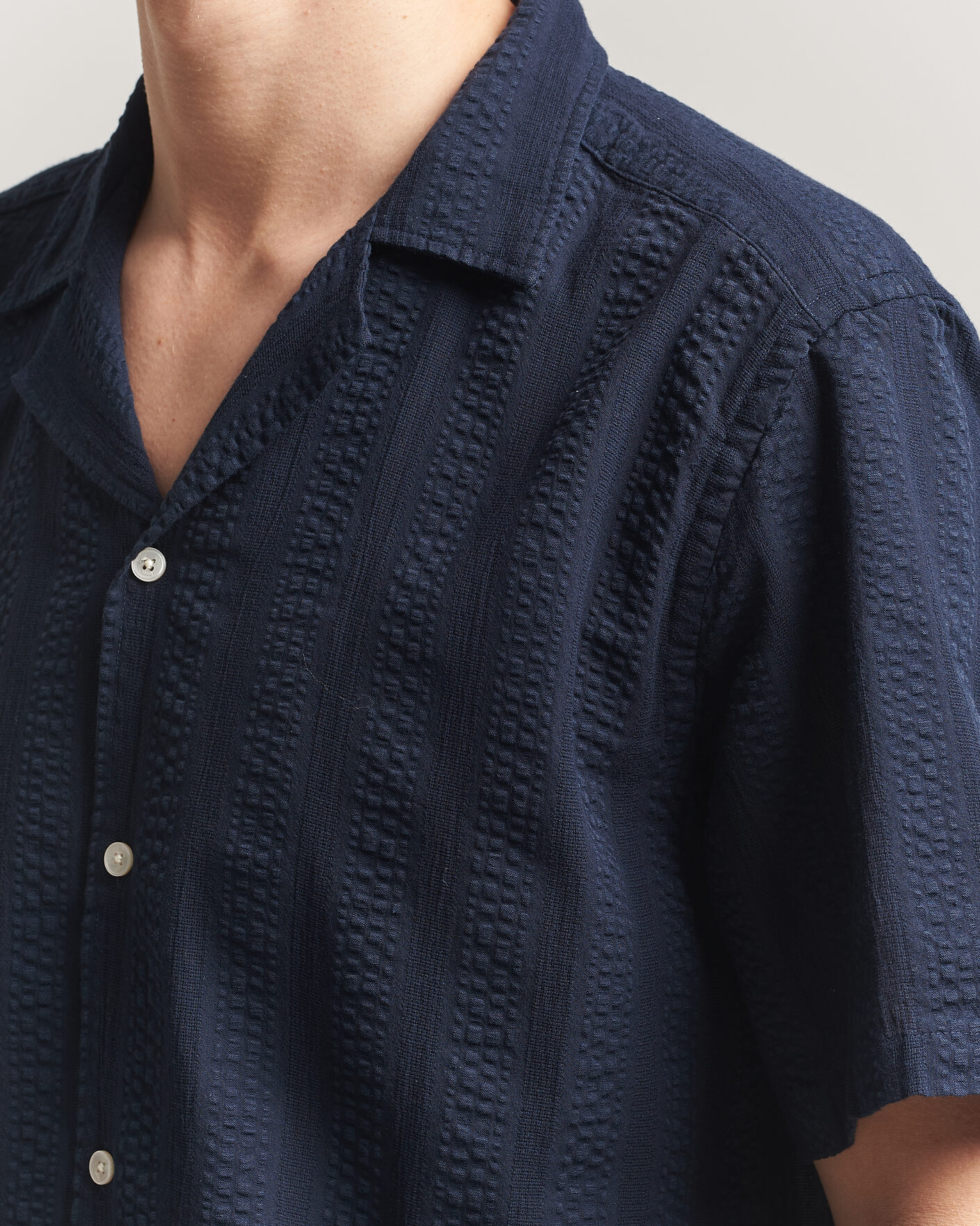 Herr | Skjortor | Forét | Peer Jacquard Stripe Regular Fit SS Shirt Navy