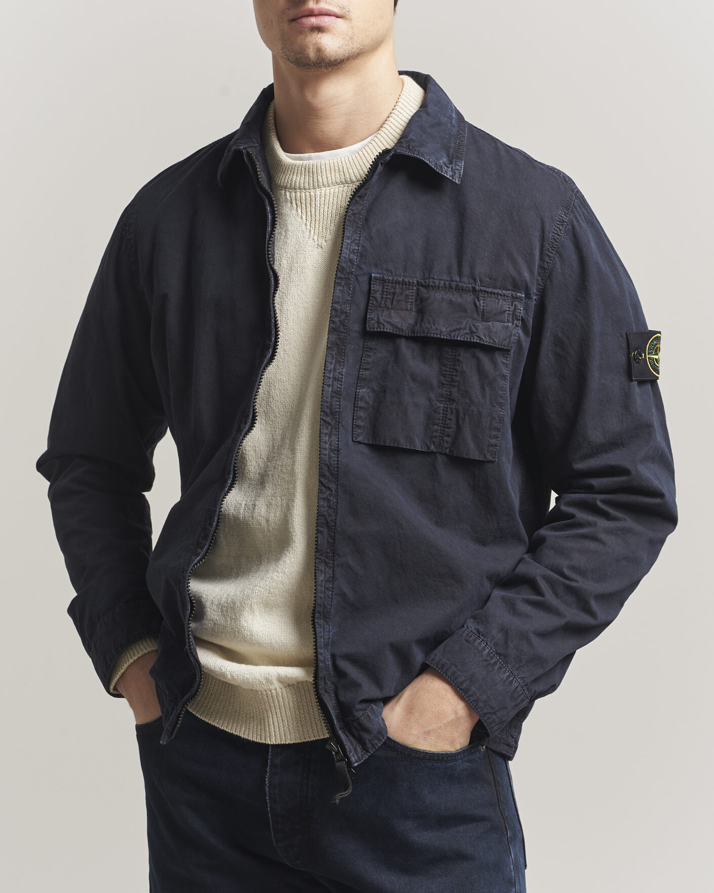 Herr | Skjortor | Stone Island | Brushed Cotton Canvas Zip Overshirt Navy