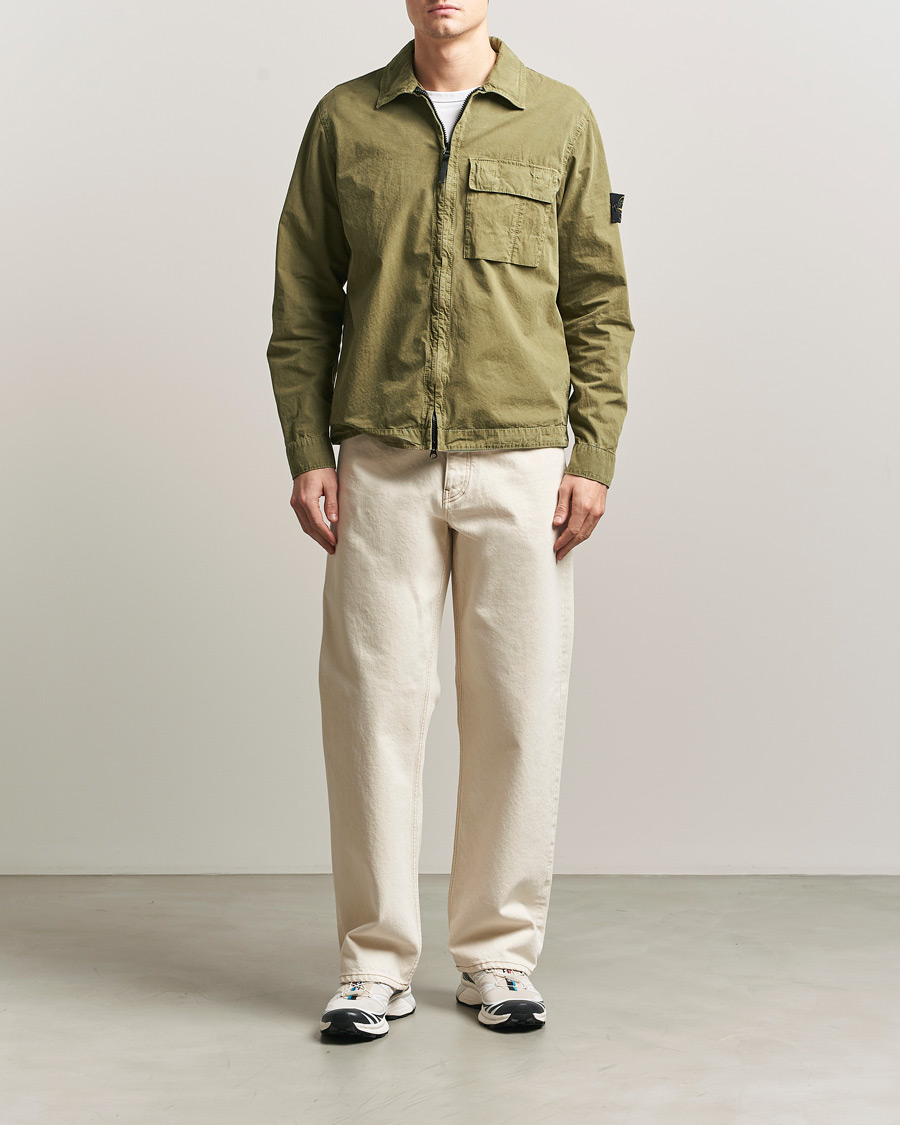 Herr | Skjortor | Stone Island | Brushed Cotton Canvas Zip Overshirt Military Green