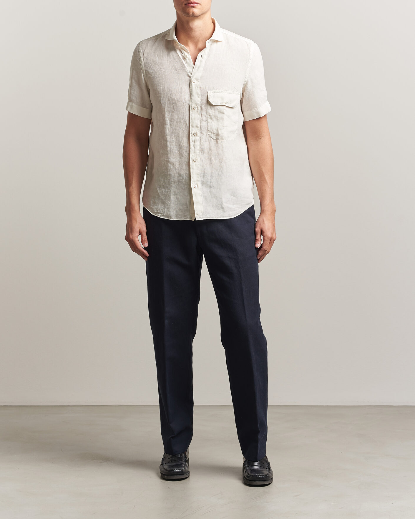 Herr | Skjortor | Finamore Napoli | Linen Short Sleeve Sport Shirt Off White